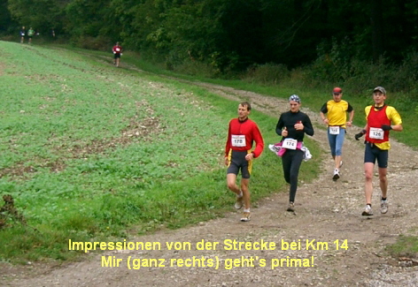 Impressionen von der Strecke bei Km 14
Mir (ganz rechts) geht's prima!